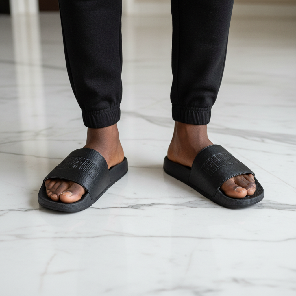 Star Money Shoes Fear of God Embossed Slides – Model Shot