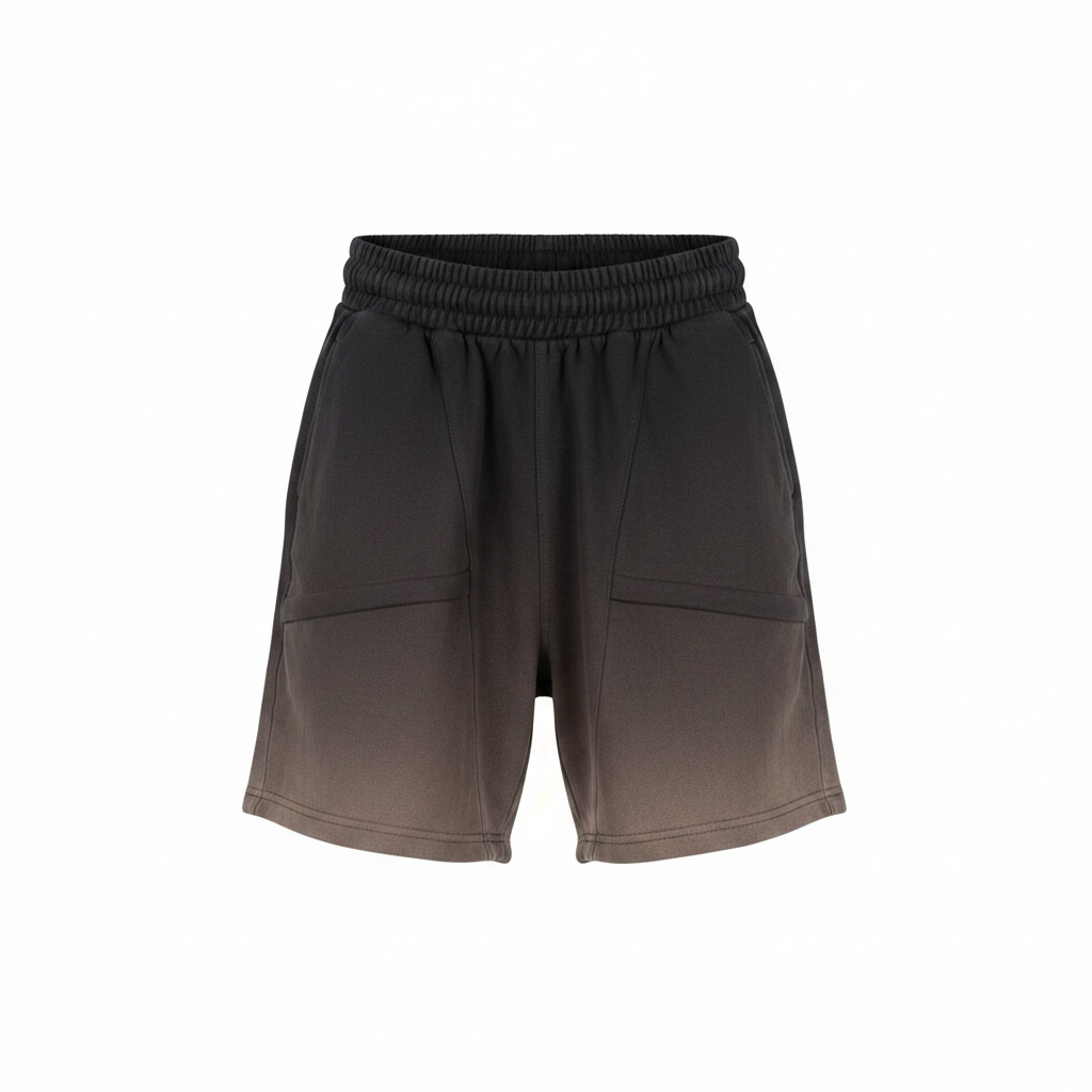 Men's washed charcoal gradient angled-pocket sweat shorts — ghost mannequin front view
