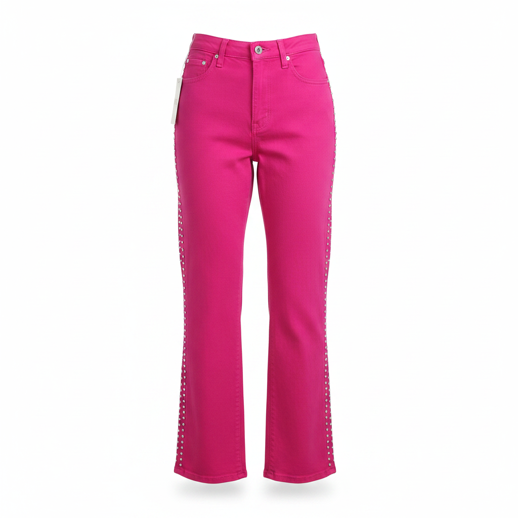 Hot Pink Side-Rhinestone Straight-Leg Jeans - Ghost Mannequin Front