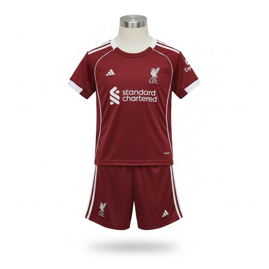 Deep red kids football jersey and matching striped shorts shown in a clean ghost mannequin catalog shoot