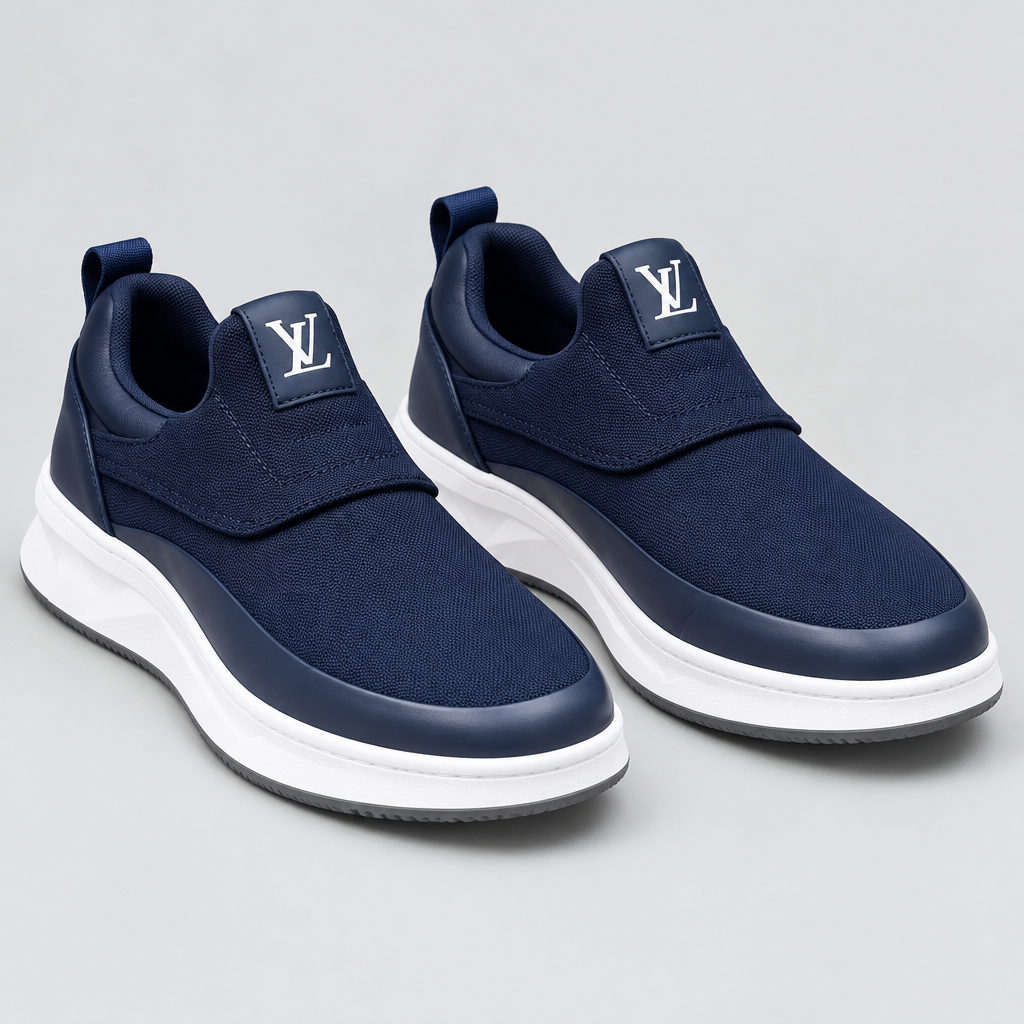 Pair of navy fabric slip-on trainers with white soles