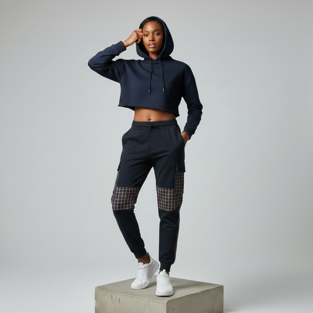 Nigerian female model wearing navy plaid cargo joggers