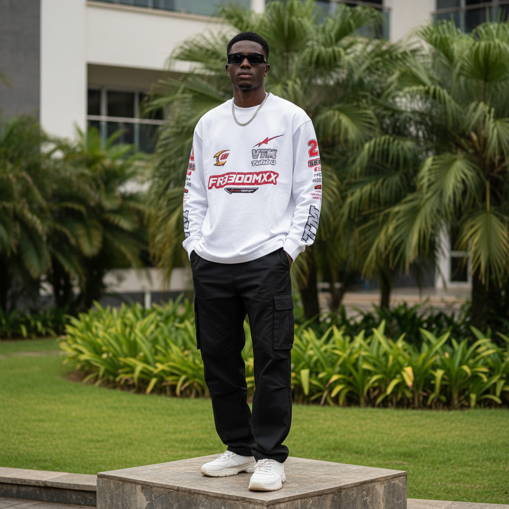 Nigerian male model wearing men's white graphic long-sleeve sweatshirt top full body streetwear shot