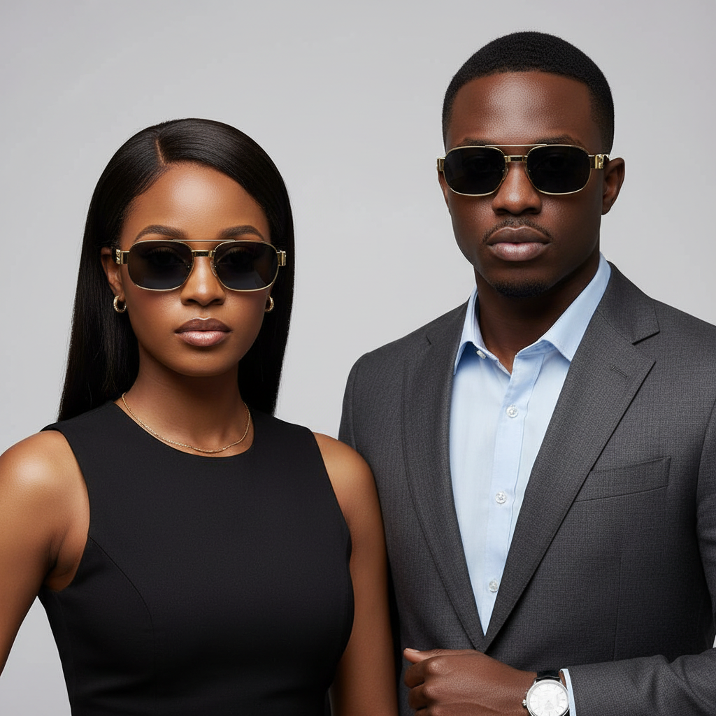 Nigerian female with sleek weavon and male model wearing rectangular gold double bridge navigator sunglasses with dark grey lens – editorial medium shot professional grey background