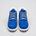 Blue and white lace-up shoe pair on a light grey background