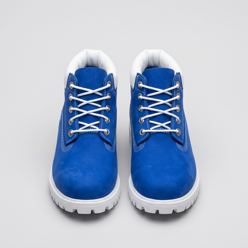 Blue and white lace-up shoe pair on a light grey background