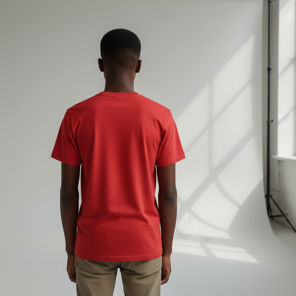 Nigerian teen model wearing red graphic tee – back view