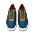 Straight-on teal tan-trim elastic-band sneakers with white soles