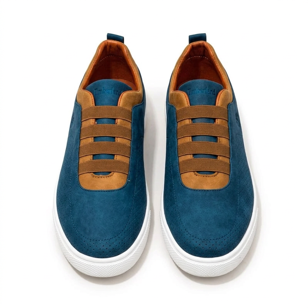 Straight-on teal tan-trim elastic-band sneakers with white soles