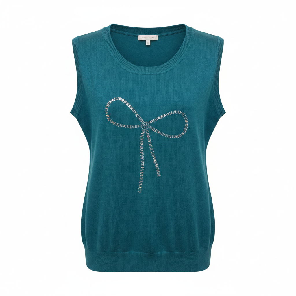Ghost mannequin view of teal rhinestone bow knit wide-neck sleeveless top
