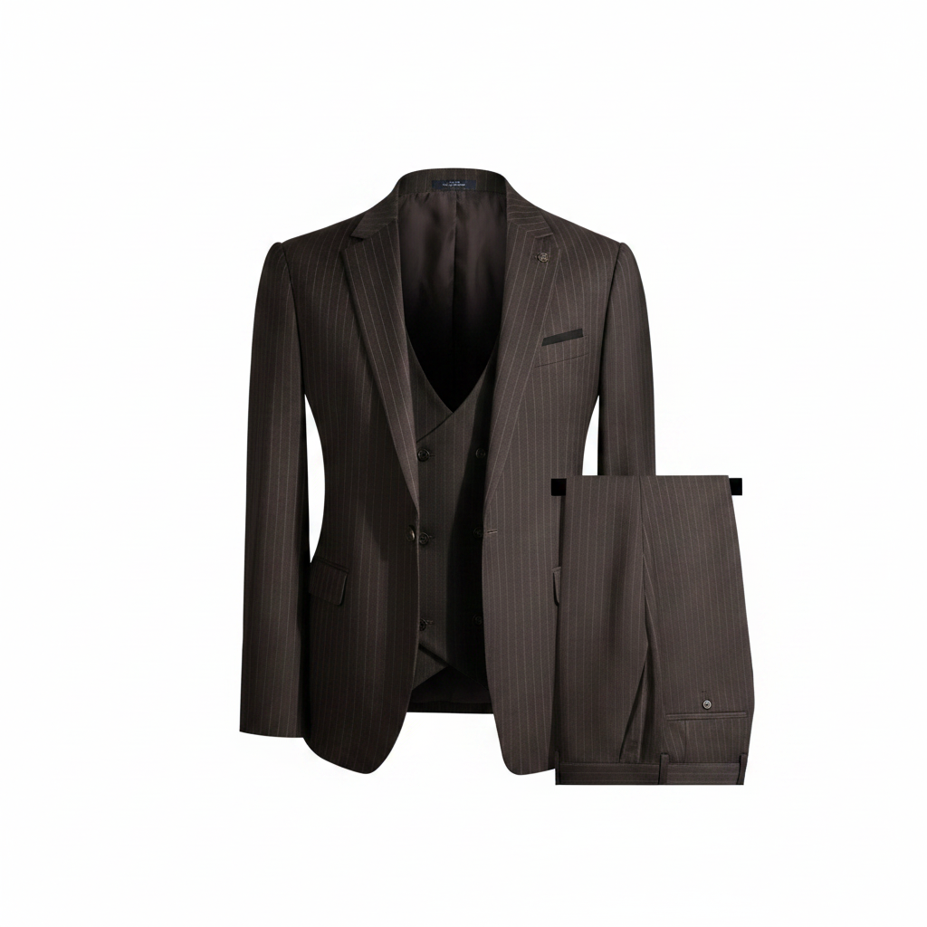 Dark brown pinstripe 3-piece suit ghost mannequin view