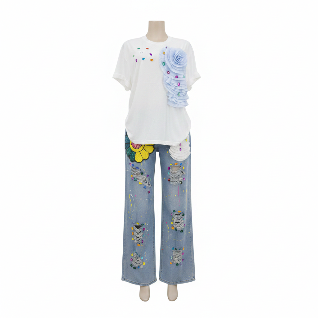 White Embellished Top & Ripped Jeans Set - Ghost Mannequin Front