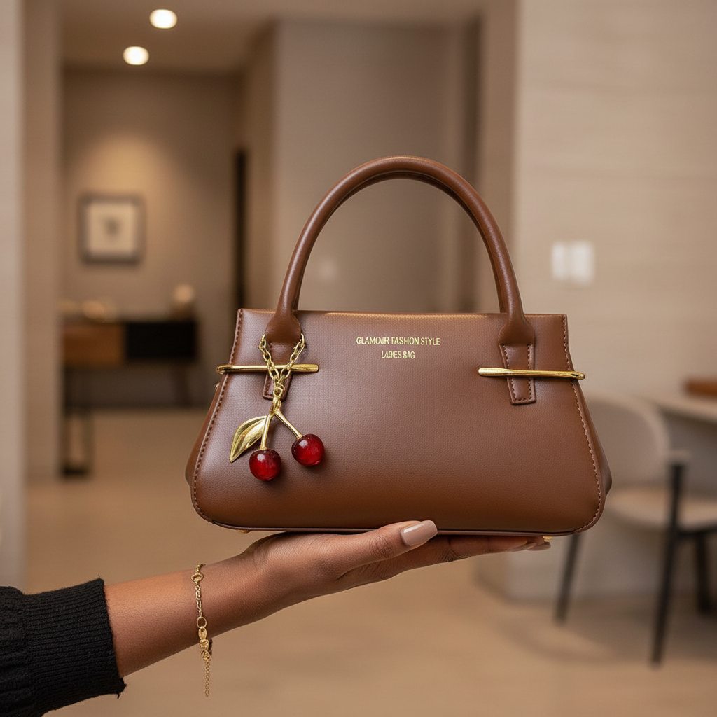 Black Nigerian woman holding chocolate brown leather mini handbag with red cherry charm