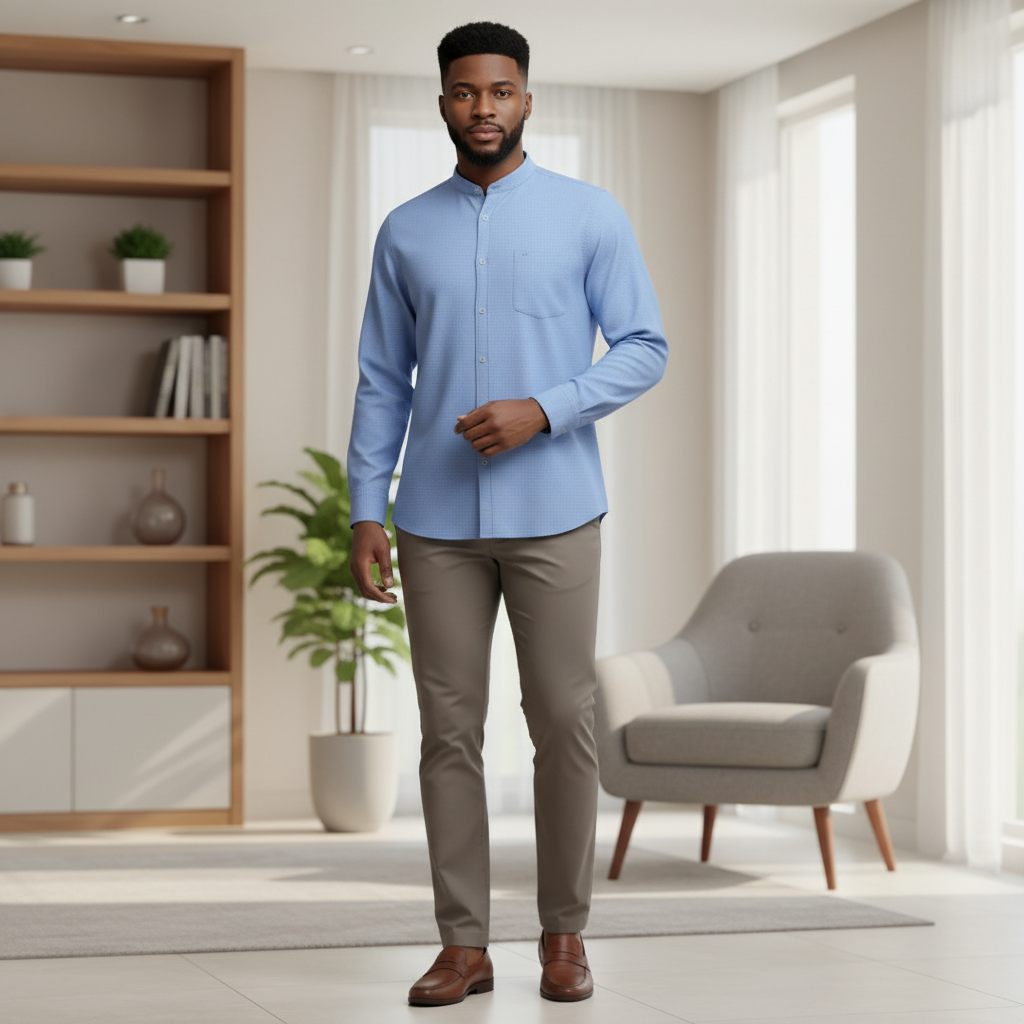 Young Nigerian male wearing powder blue mandarin collar long sleeve button-down shirt