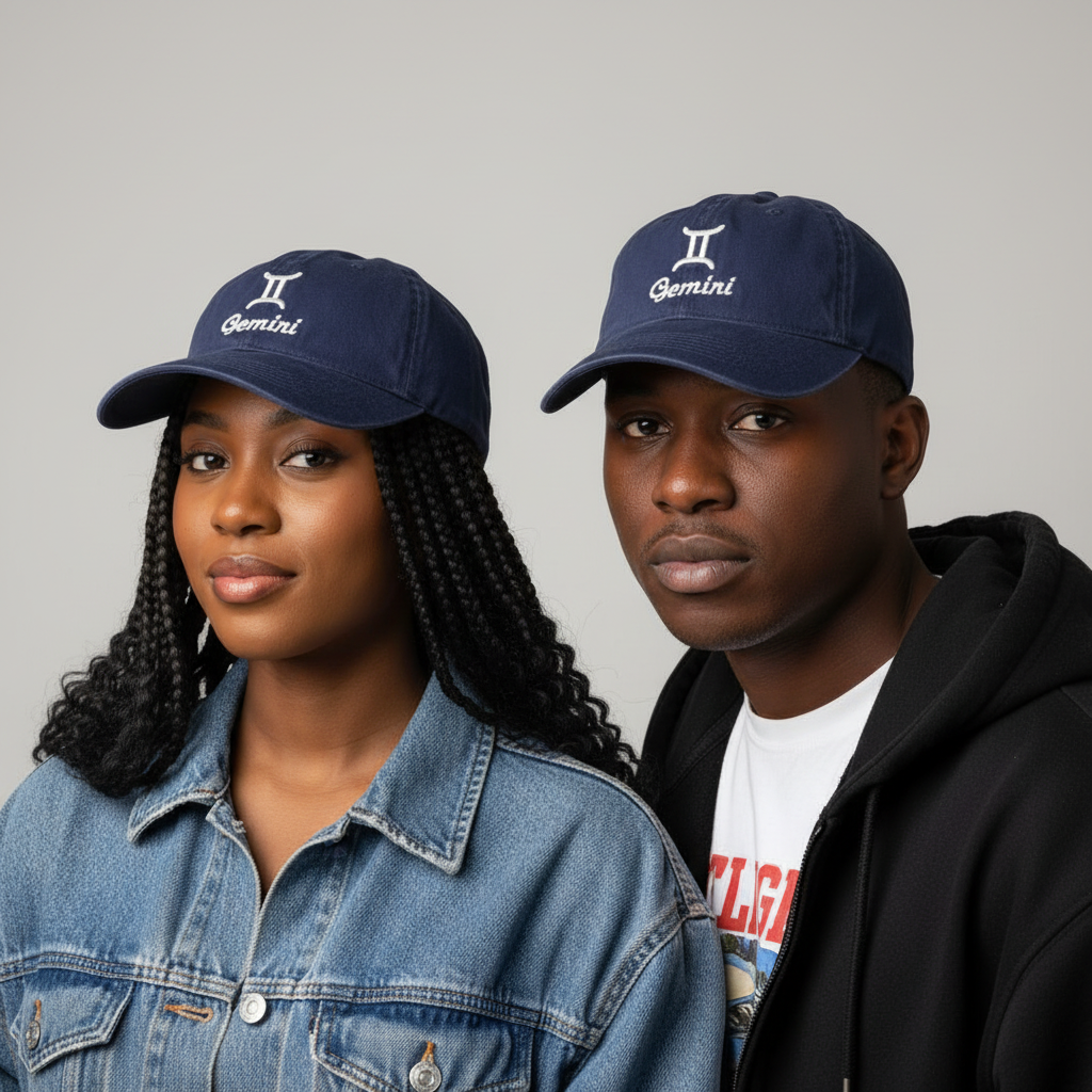 Nigerian male and female models wearing navy blue Gemini zodiac embroidered dad cap