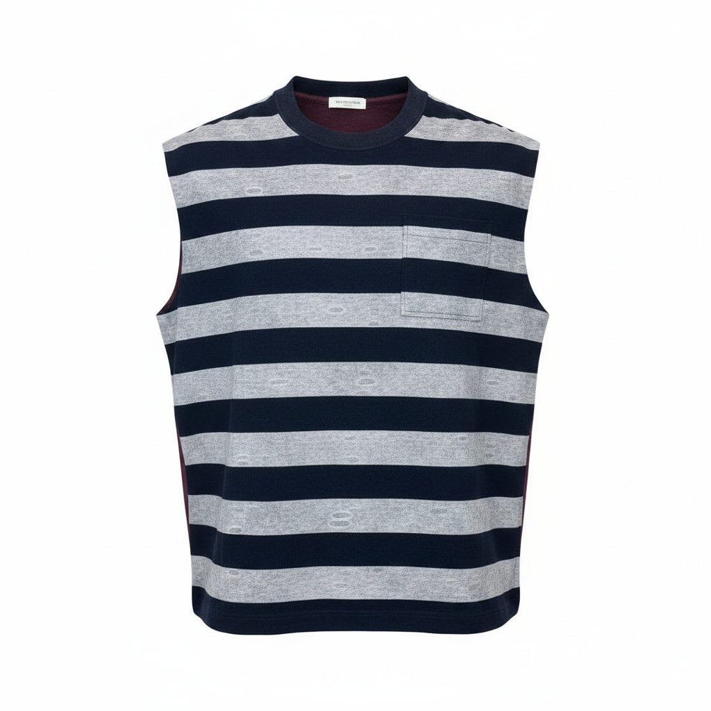 Men's navy grey stripe sleeveless vest top ghost mannequin front view