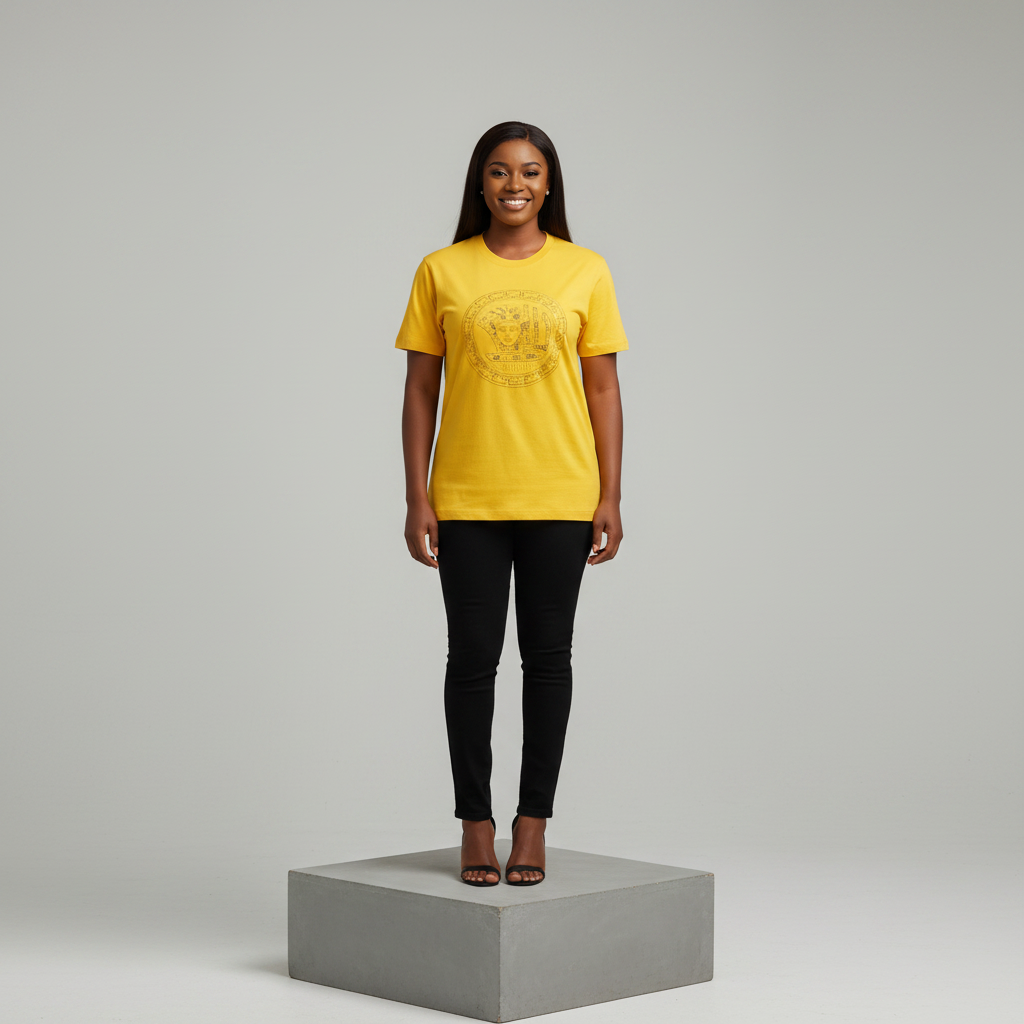 Nigerian female model front view wearing yellow tonal circular mythological face badge T-shirt