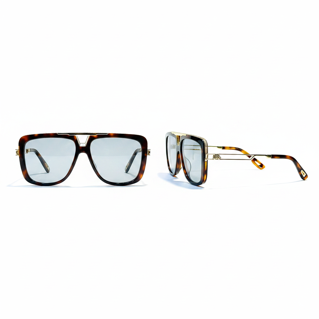 Unisex oversized square flat-top sunglasses tortoiseshell acetate frame diamond glitter trim clear grey lens slim gold metal temple arms – front and side view