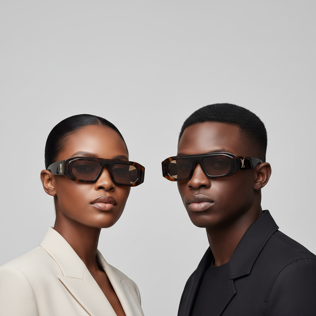 Nigerian female and male models wearing chunky tortoiseshell rectangular sunglasses – editorial medium shot professional grey background