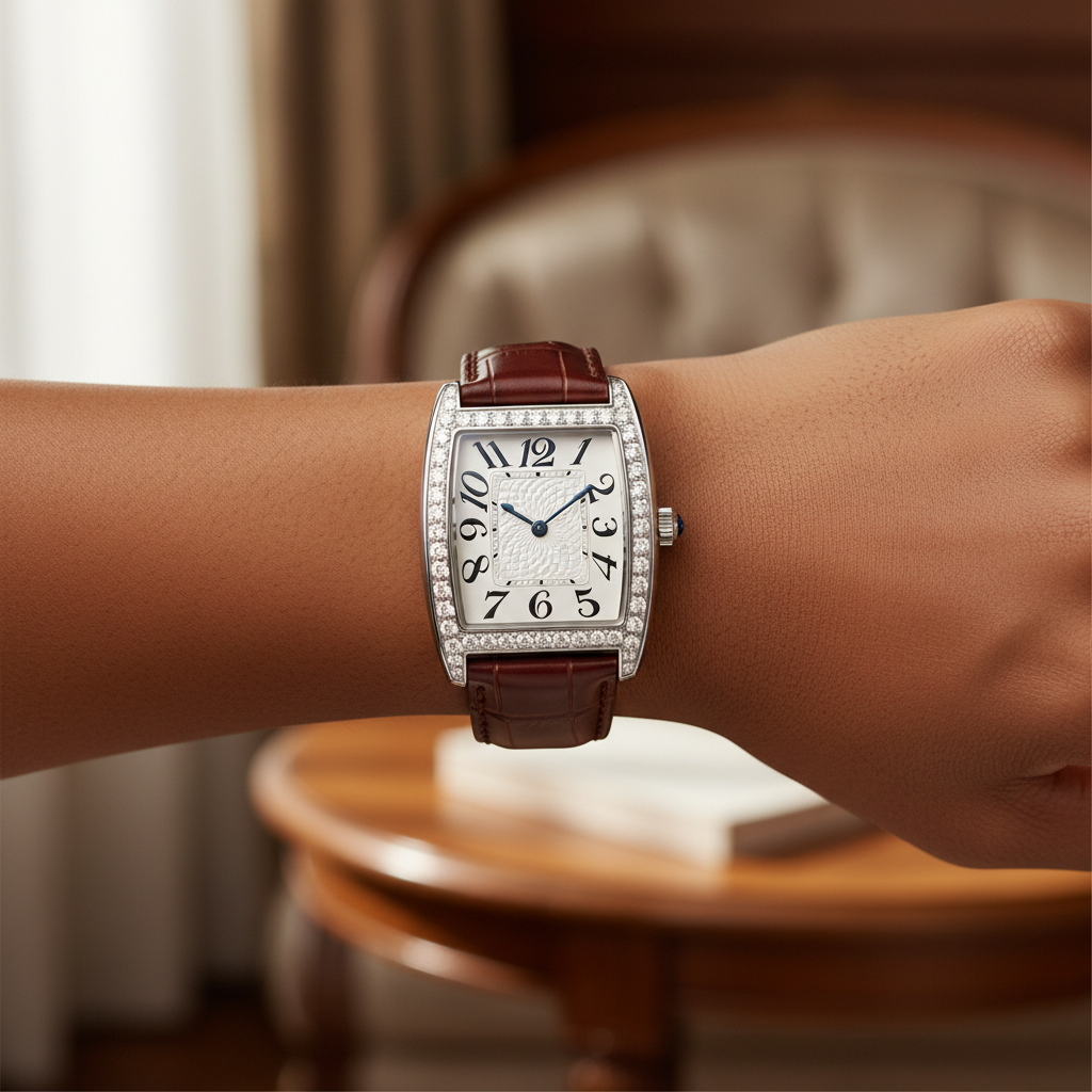Women's silver tonneau watch worn on Nigerian model wrist — lifestyle wrist shot