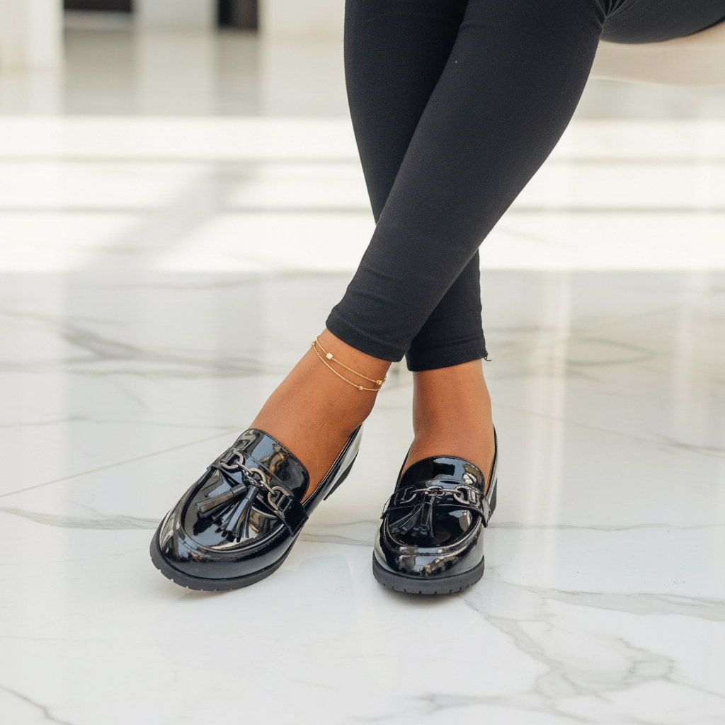 Layinka Store Black Patent Tassel-Chain Loafers – Model Shot