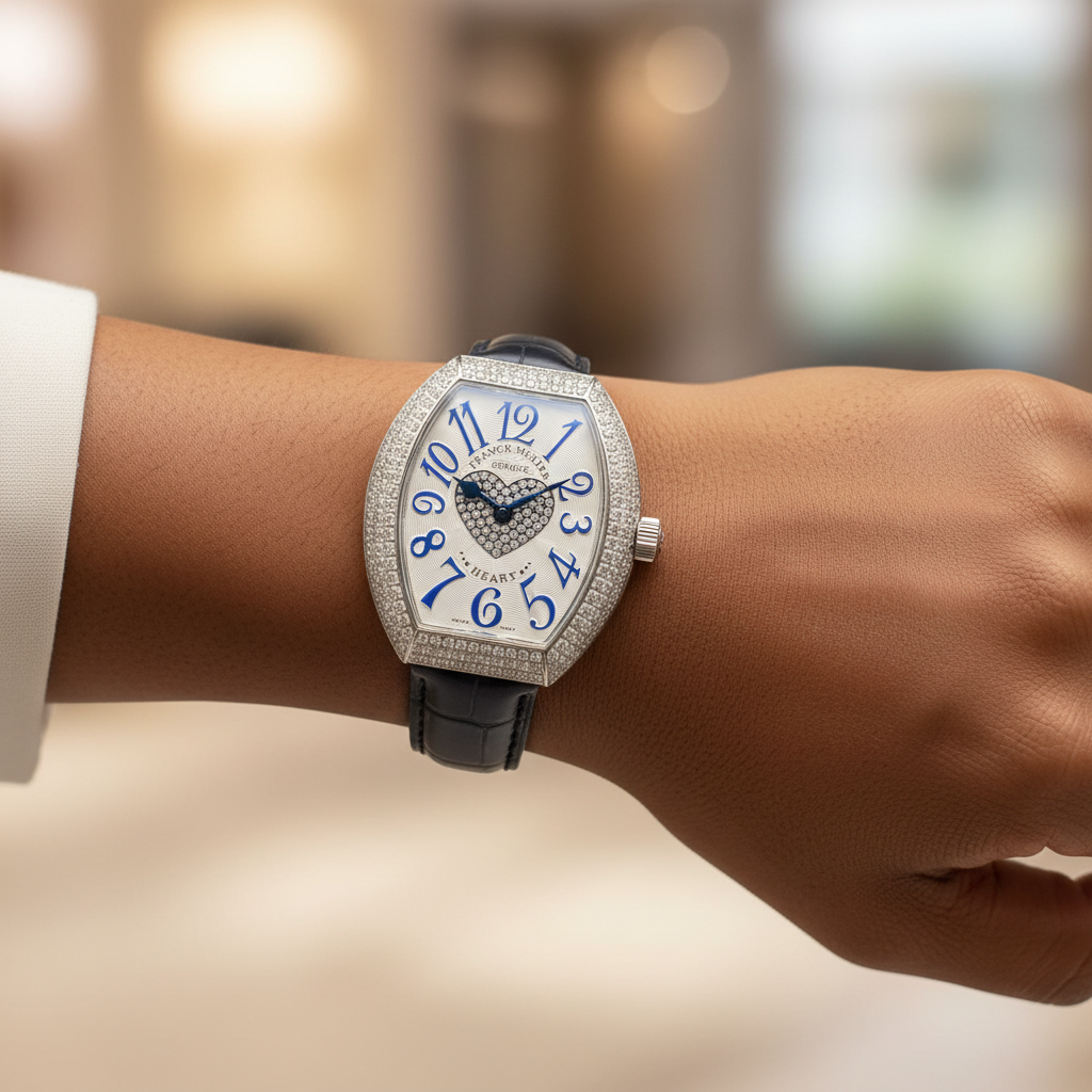 Women's silver full diamond bezel blue numeral crystal heart dial tonneau watch worn on Nigerian model wrist — navy strap lifestyle wrist shot