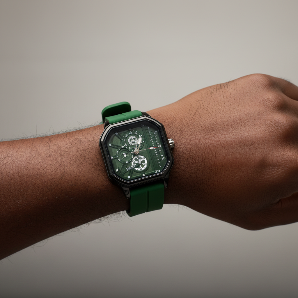 Green multi-dial wristwatch worn on a Black man's wrist