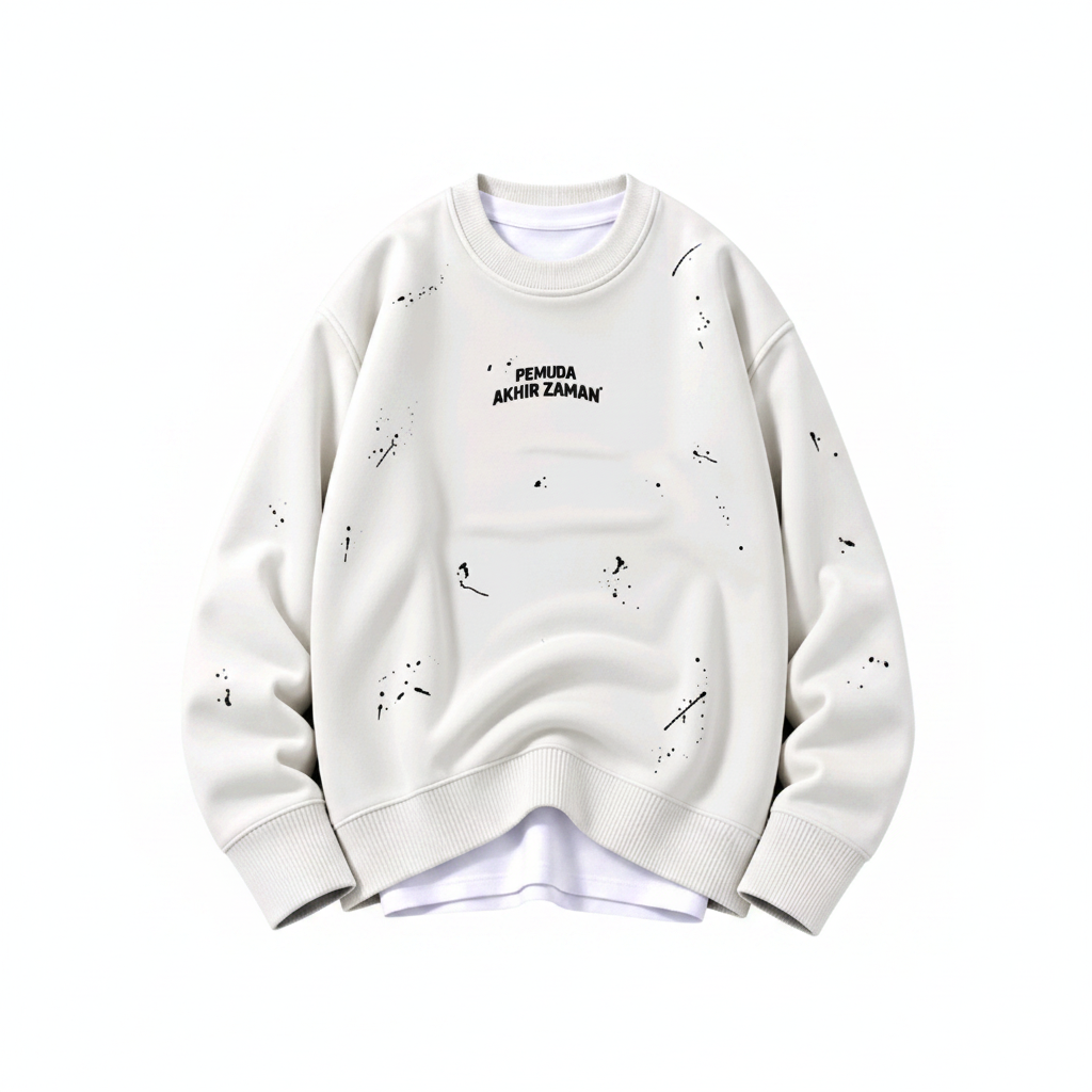 White ink splatter print crew-neck sweatshirt with layered white tee, ghost mannequin view