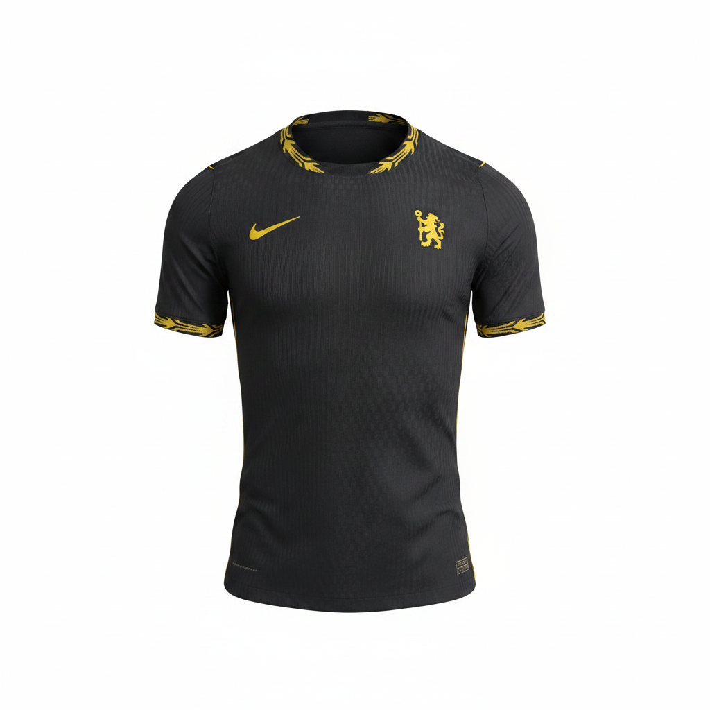 Charcoal gold laurel trim football jersey ghost mannequin front view - ribbed texture, gold crest badge