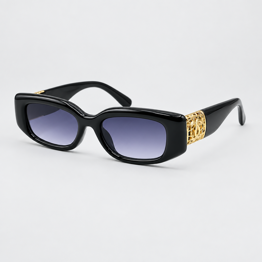 AI-generated black rectangular sunglasses with gold-tone side detail