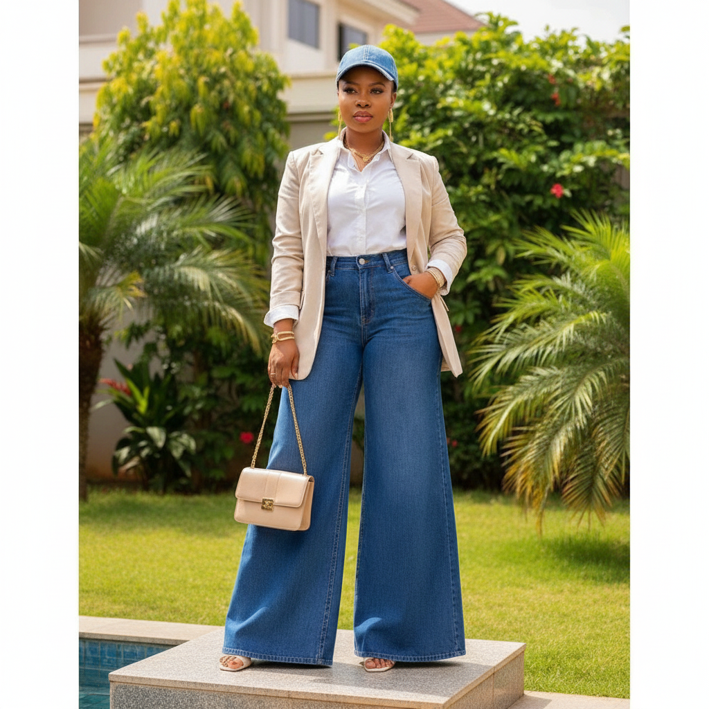 Nigerian female model wearing women's medium blue high-waist extra wide-leg flare denim jeans, garden setting