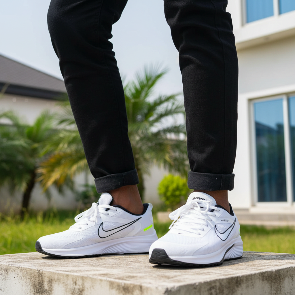 Men's white black running sneakers leg-focus lifestyle shot Nigerian male model