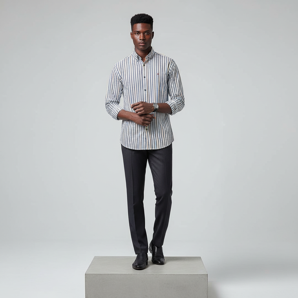 White Navy Yellow Striped Long-Sleeved Shirt - Model Shot
