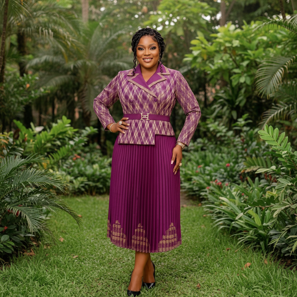 Nigerian female model wearing purple and gold jacquard blazer pleated midi gown in garden setting