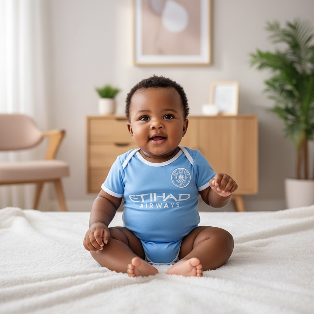 Nigerian baby wearing sky blue football romper bodysuit with white trim lifestyle shot