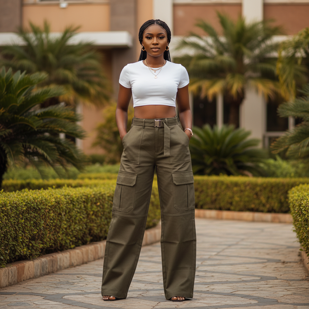 Nigerian female model wearing Women's Olive Green Wide-Leg Baggy Cargo Trousers