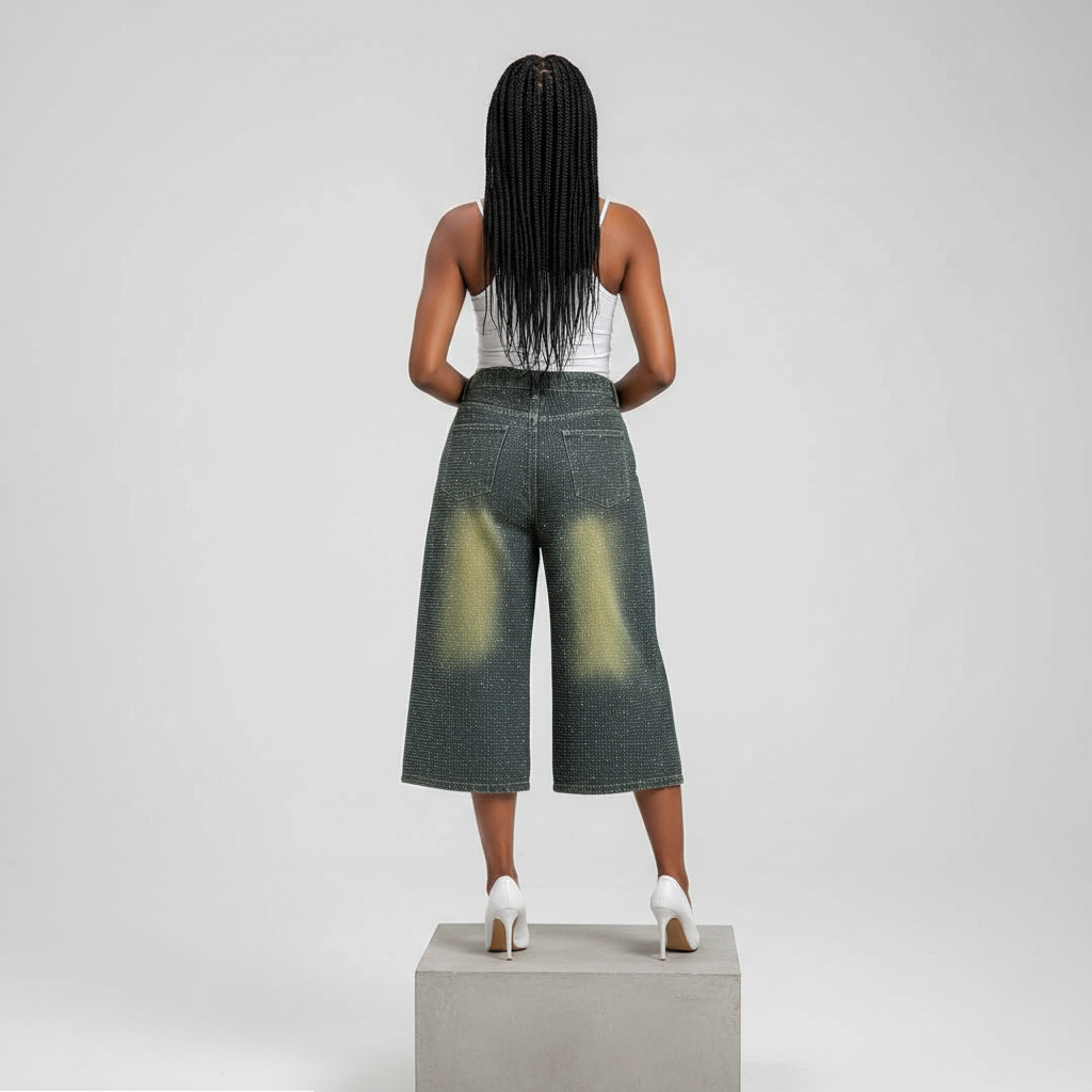 Rhinestone Embellished Wide-Leg Denim Culottes – Back Model