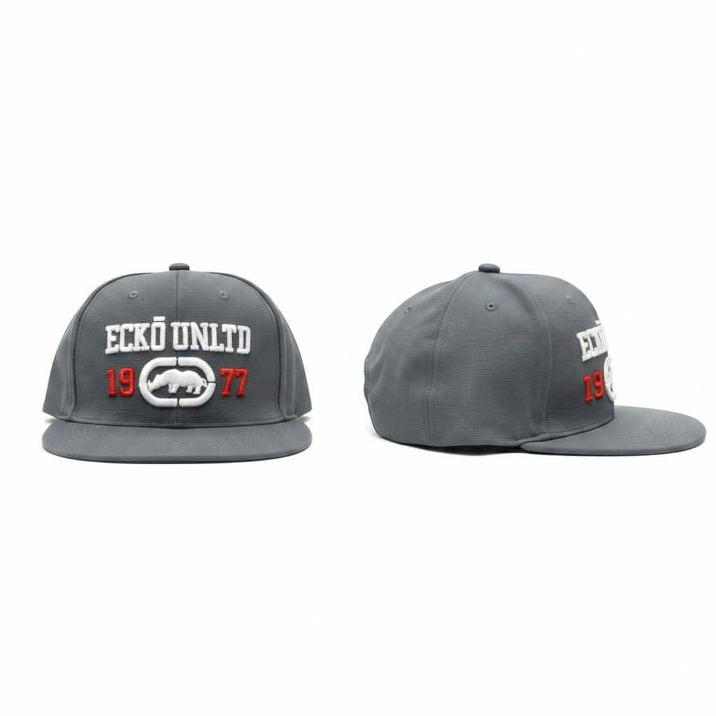 Slate grey Eckō Unltd rhino flat-brim snapback – ghost mannequin front and side view