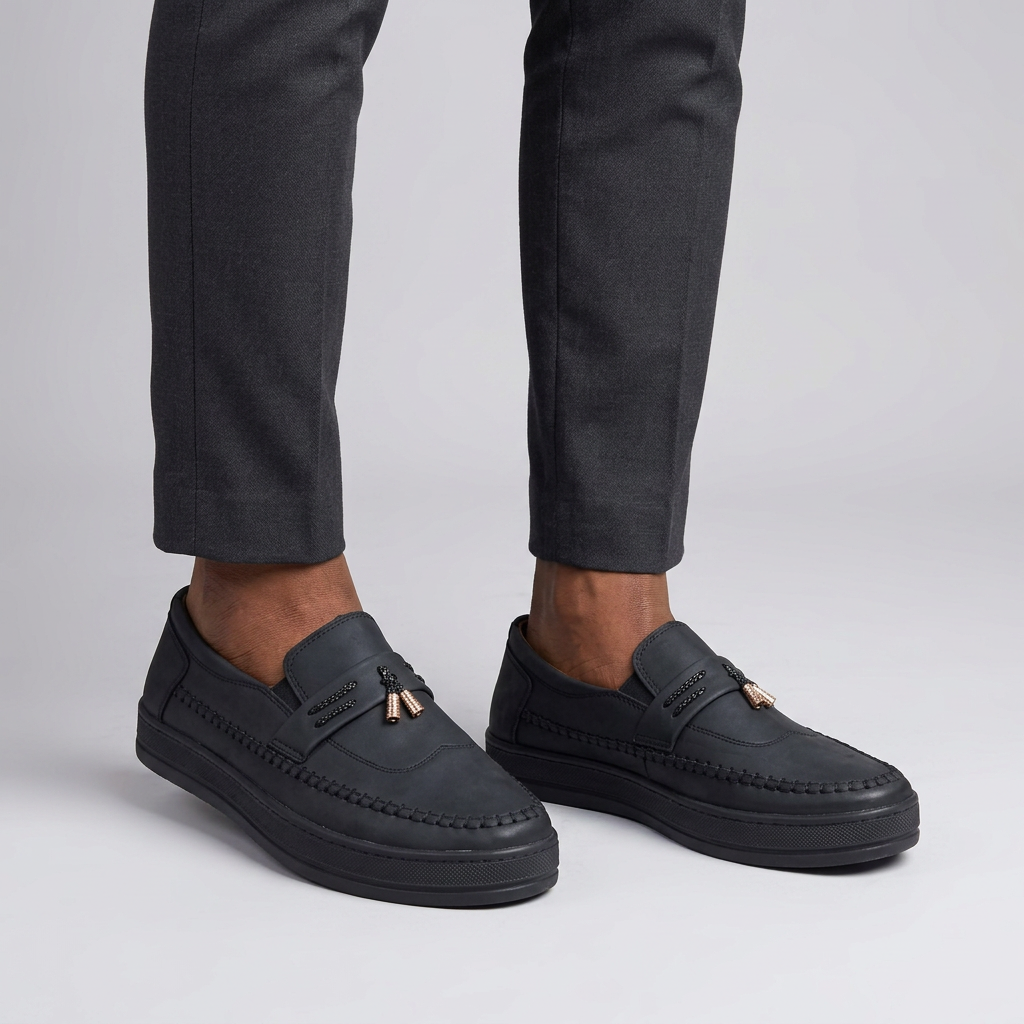 Both feet wearing black tassel loafers on plain studio background