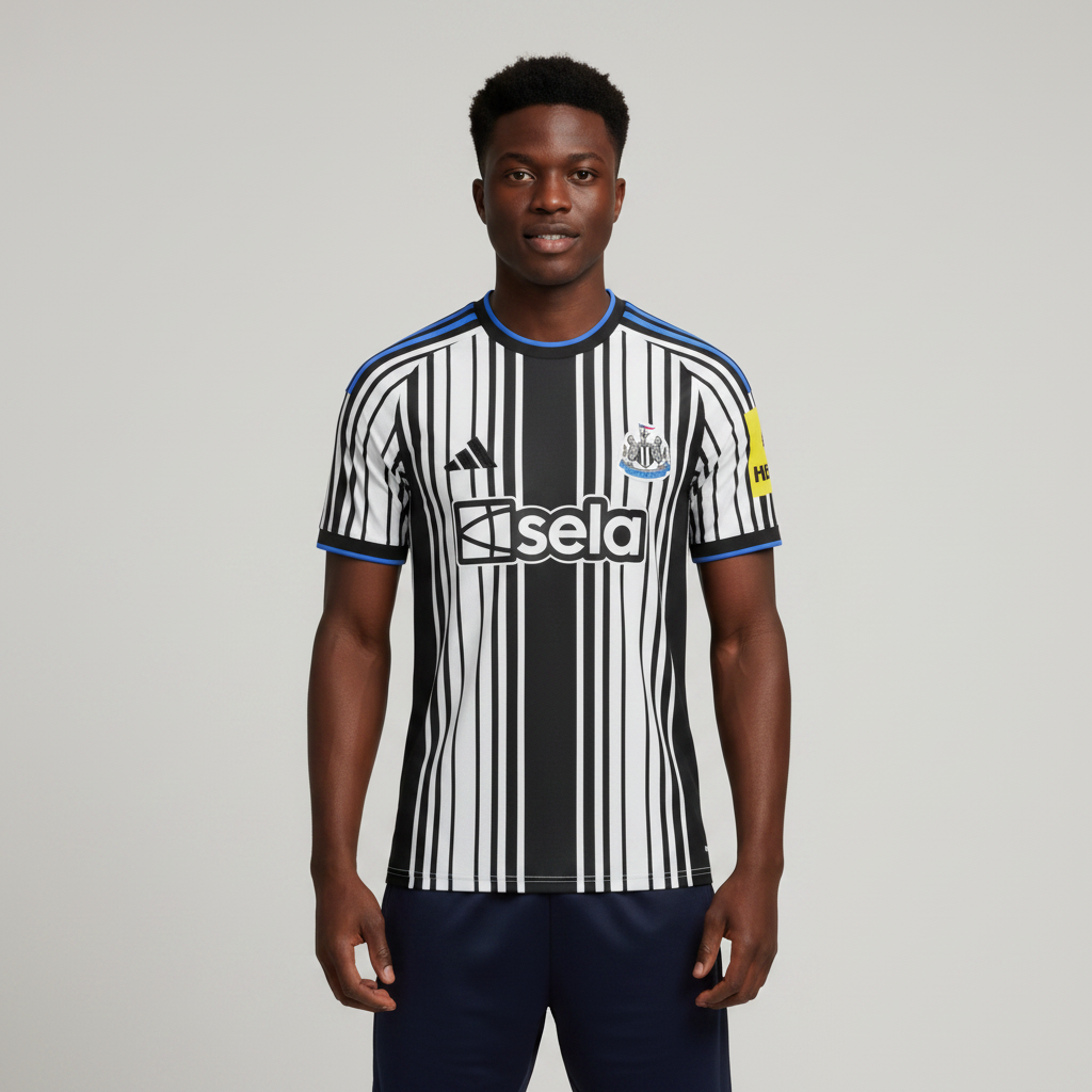 Nigerian male model wearing Newcastle United home jersey