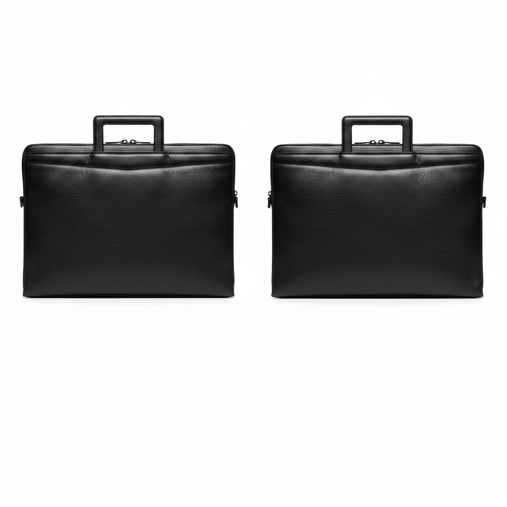 Sobar black pebbled leather slim laptop portfolio ghost mannequin front and back view