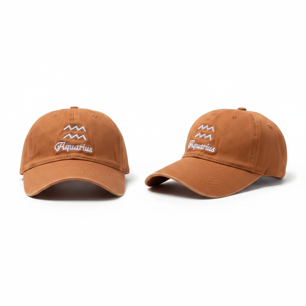 Tan camel brown Aquarius zodiac embroidered dad cap – ghost mannequin front and side view
