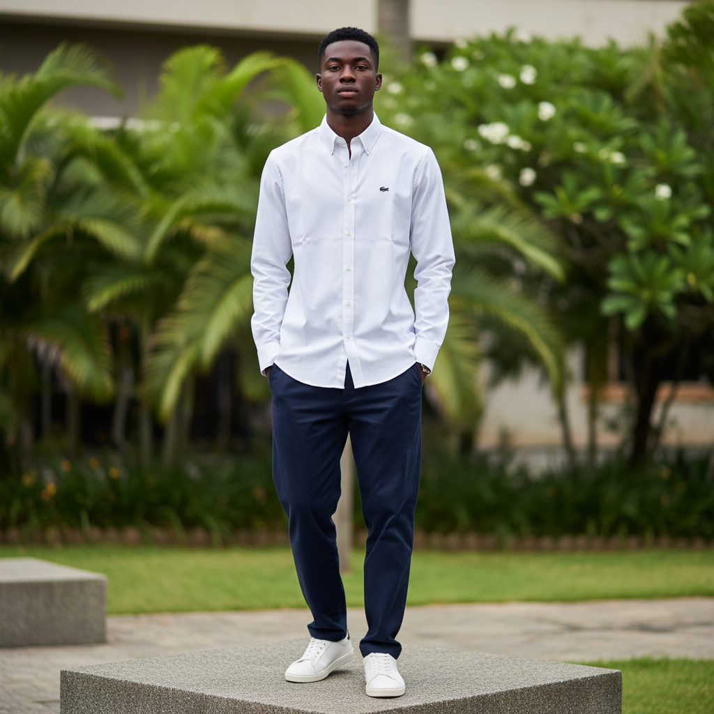Nigerian male model wearing men's pure white long-sleeve button-down casual shirt, garden setting