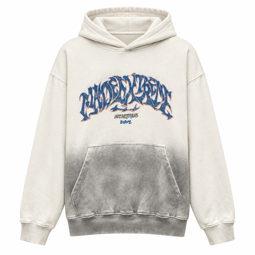 White-grey faded hoodie with blue graffiti chest graphic on white