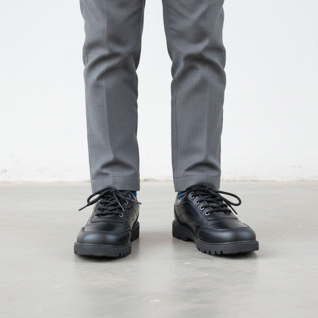 Nigerian child wearing all-black leather lace-up school shoes