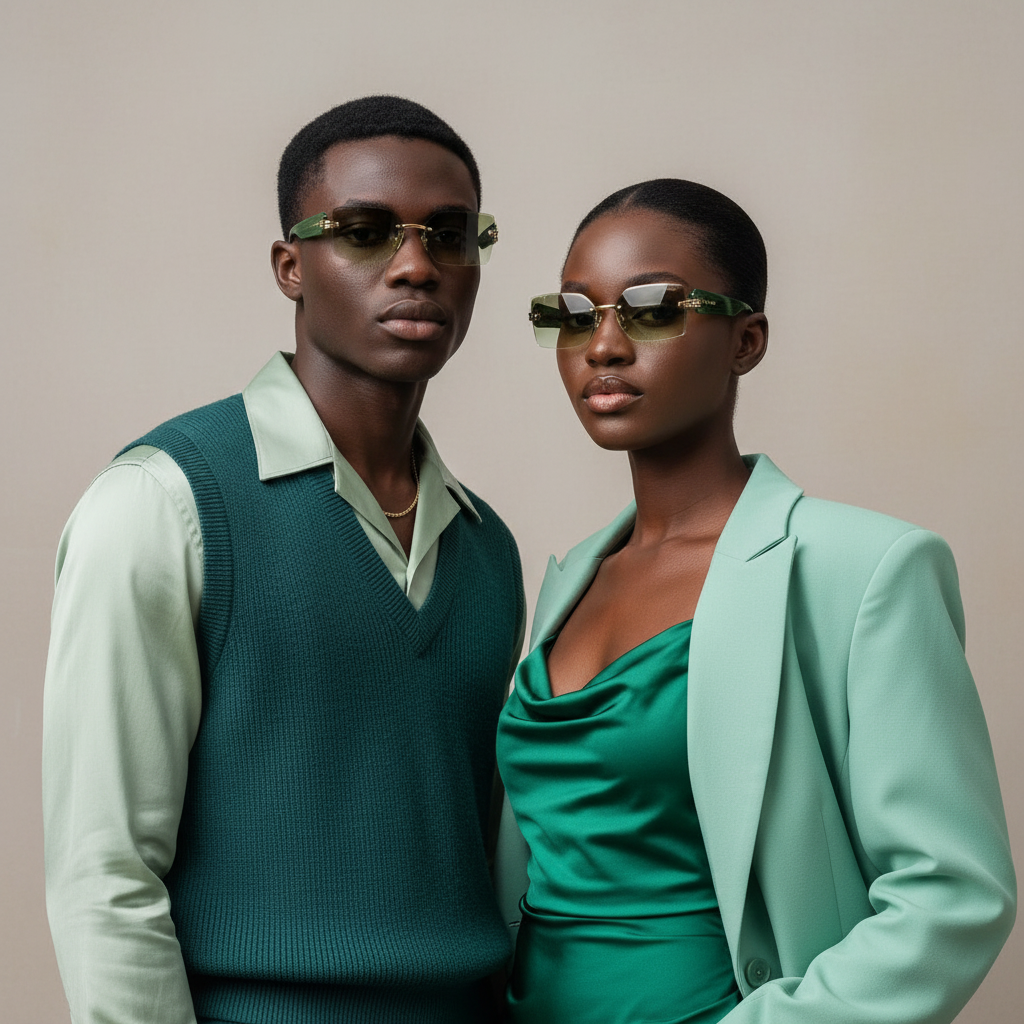 Male and female model lifestyle shot — Rimless Rectangular Sunglasses Gold Bridge Green Temple