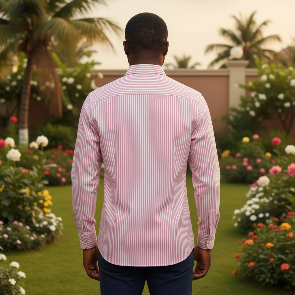 Nigerian male model wearing Pink Stripe Long Sleeve Shirt back view