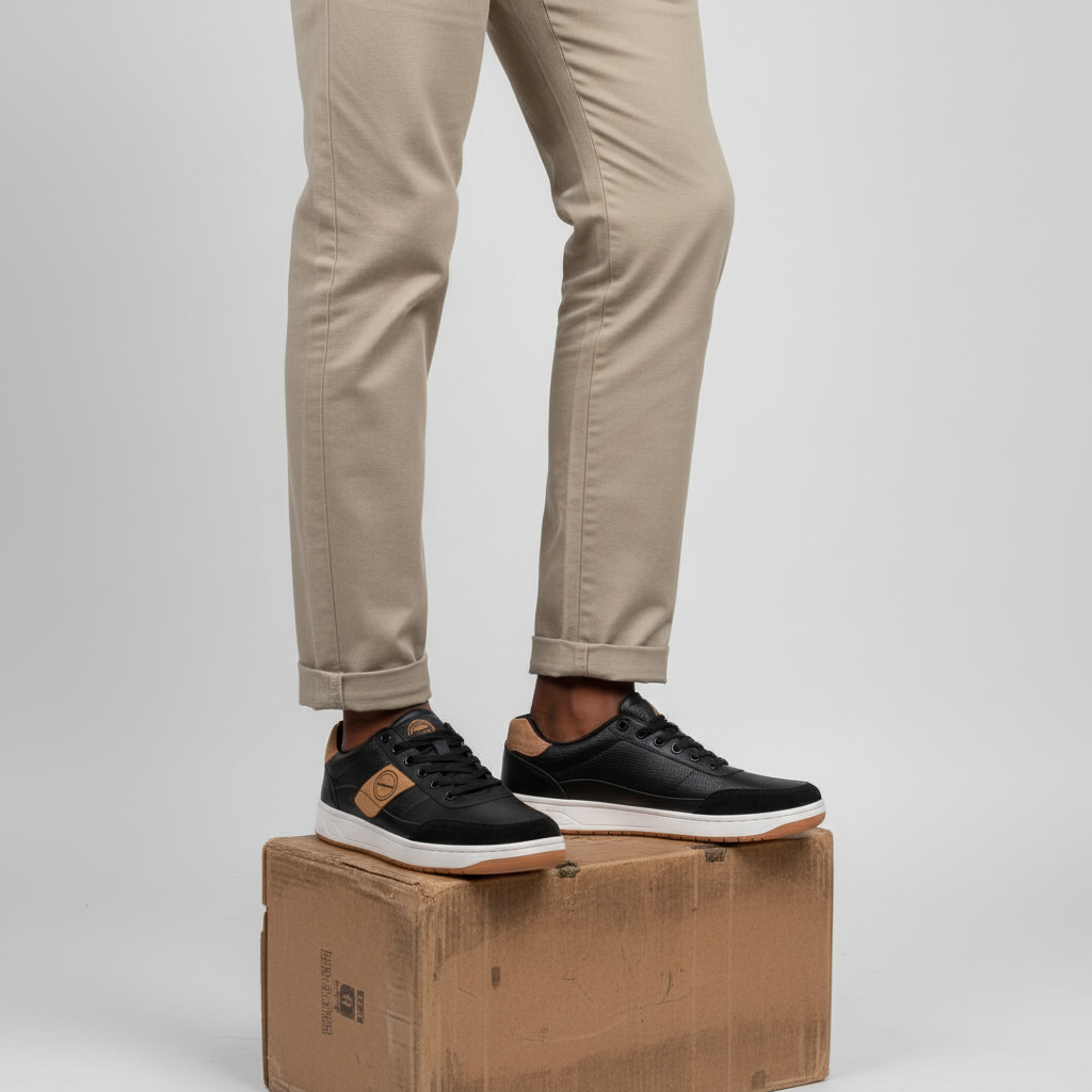 Men's black and tan camel low-top court sneakers Nigerian male model leg shot