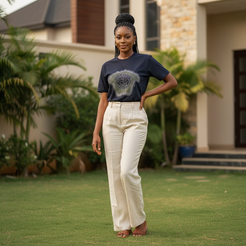 Nigerian female model wearing navy rhinestone crystal Medusa emblem graphic crew neck tee