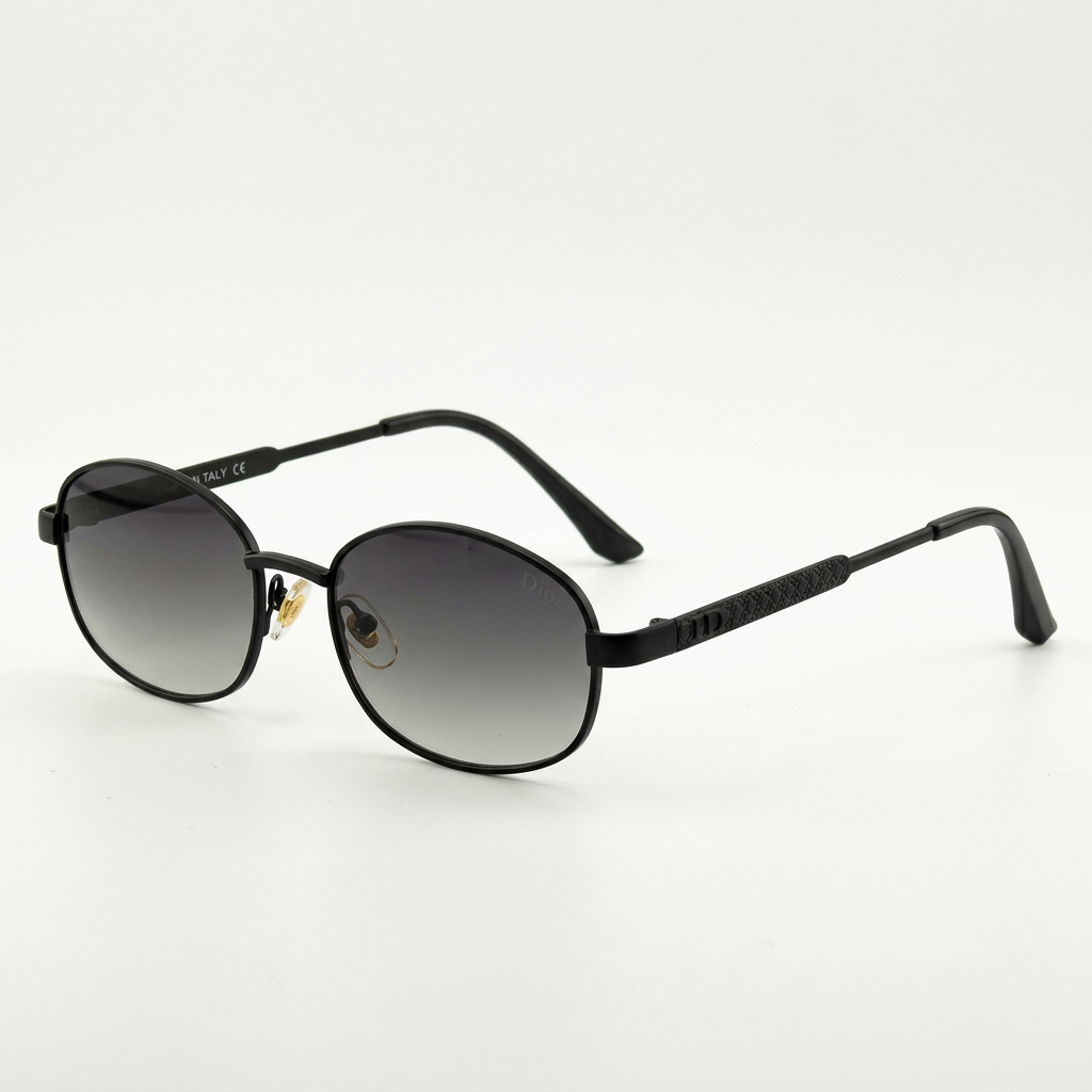 Slim black rounded-square sunglasses with grey gradient lenses on white